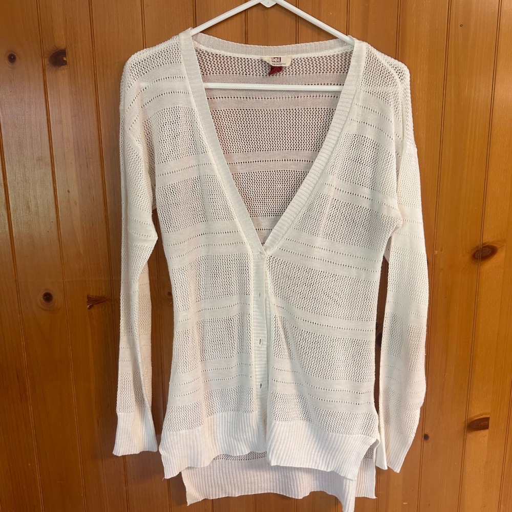 LEI Hayley White Open Knit Cardigan Boho Sweater Womens Large V-Neck Button